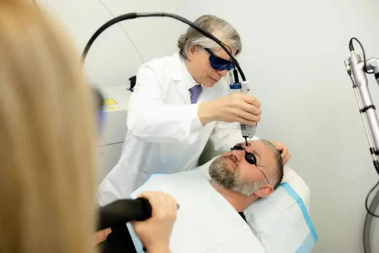 In-office treatment: Doctor performing laser procedure on male patient